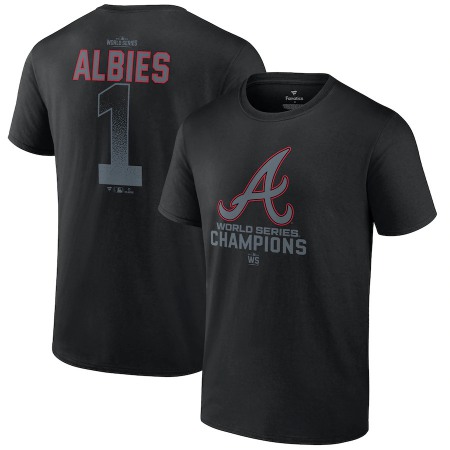 Men's Atlanta Braves #1 Ozzie Albies Black 2021 World Series Champions Name & Number T-Shirt Men's Atlanta Braves #1 Ozzie Albies Black 2021 World Series Champions Name & Number T-Shirt
