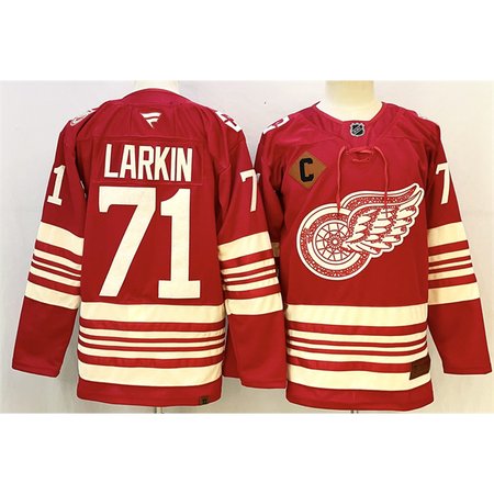 Men's Detroit Red Wings #71 Dylan Larkin Red 2025-26 With C Patch Centennial Premium Stitched Hockey Premium Jersey