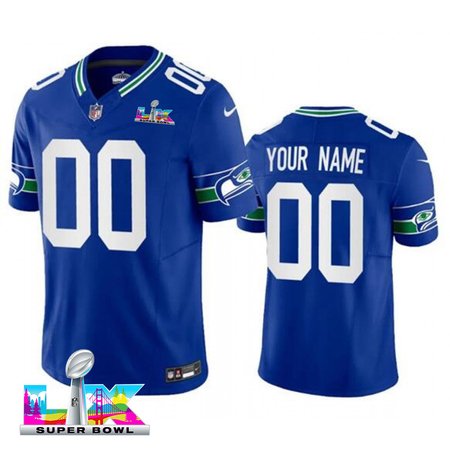 Youth Seattle Seahawks Custom Royal Super Bowl LX Vapor F.U.S.E. Vapor Limited Stitched Football Jersey