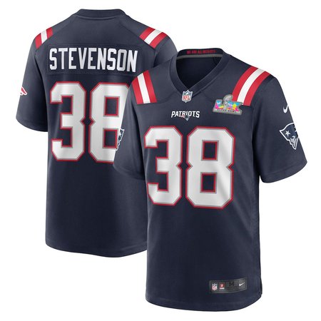Youth New England Patriots #38 Rhamondre Stevenson Navy Super Bowl LX Patch Game Jersey