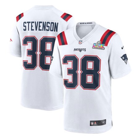 Men's New England Patriots #38 Rhamondre Stevenson White Super Bowl LX Patch Game Jersey