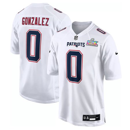 Men's New England Patriots #0 Christian Gonzalez White Super Bowl LX Patch Tundra Fashion Game Jersey