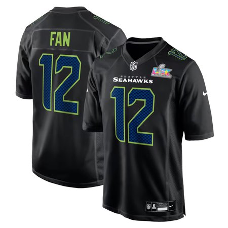 Youth Seattle Seahawks 12s Black Super Bowl LX Patch Carbon Fashion Game Jersey