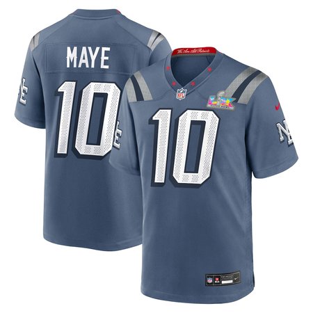 Men's New England Patriots #10 Drake Maye Blue Super Bowl LX Patch Rivalries Collection Game Jersey