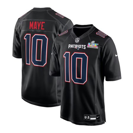 Men's New England Patriots #10 Drake Maye Black Super Bowl LX Patch Carbon Fashion Game Jersey