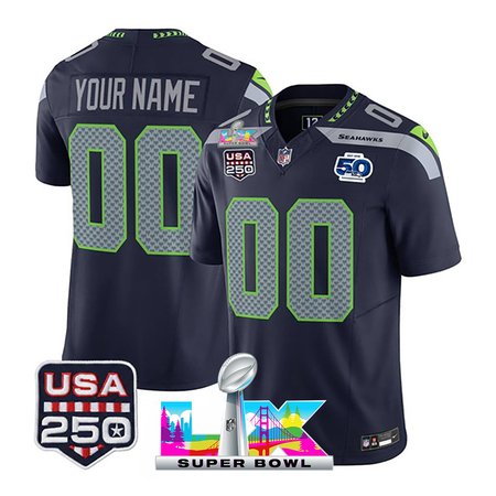 Men's Seattle Seahawks Custom Navy Super Bowl LX Patch 50th Season & USA 250' Patch Vapor F.U.S.E. Limited Jersey