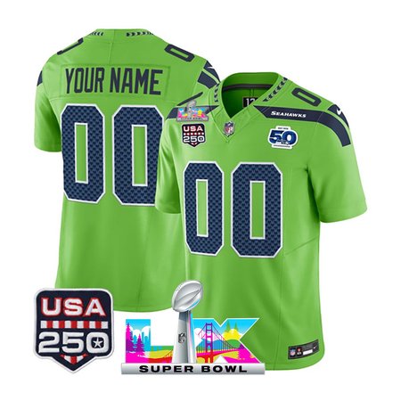 Men's Seattle Seahawks Custom Green Super Bowl LX Patch 50th Season & USA 250' Patch Vapor F.U.S.E. Limited Jersey