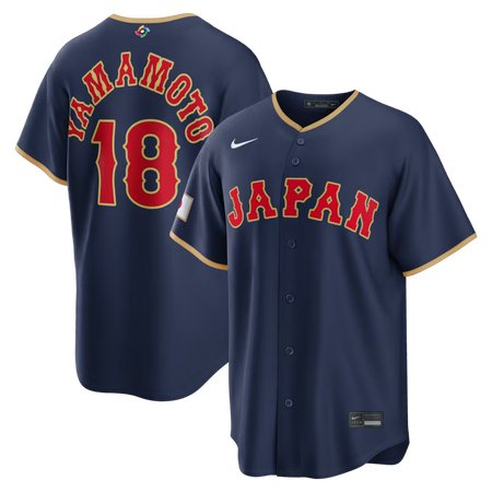 Men's Japan Baseball #18 Yoshinobu Yamamoto Navy 2026 World Baseball Classic Road Stadium Jersey