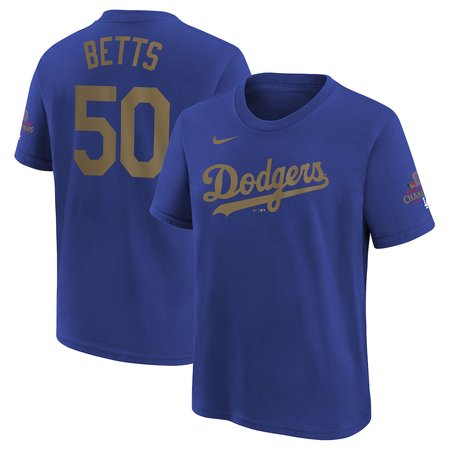 Youth Los Angeles Dodgers #50 Mookie Betts Royal 2025 Gold Collection Name & Number T-Shirt