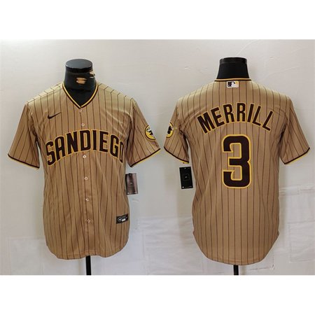 Men's San Diego Padres #3 Jackson Merrill Tan Cool Base Stitched Baseball Jersey