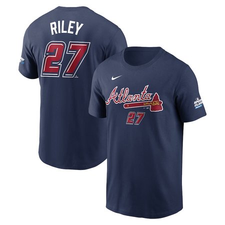 Men's Atlanta Braves #27 Austin Riley Nike Navy 2025 MLB Speedway Classic Name & Number T-Shirt Men's Atlanta Braves #27 Austin Riley Nike Navy 2025 MLB Speedway Classic Name & Number T-Shirt