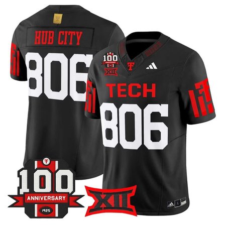 Men's Texas Tech Red Raiders #806 Hub City Black Premier 100 Year Anniversary Football Jersey