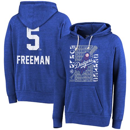 Men's Los Angeles Dodgers #5 Freddie Freeman Royal 2025 World Series Champions Name & Number Tri-Blend Hoodie