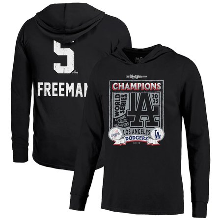 Men's Los Angeles Dodgers #5 Freddie Freeman Threads Black 2025 World Series Champions Name & Number Lightweight Hoodie