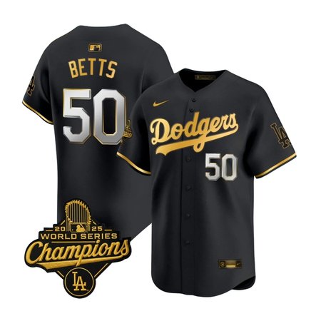 Youth Los Angeles Dodgers #50 Mookie Betts Nike Black Golden 2025 World Series Champions Home Limited Jersey