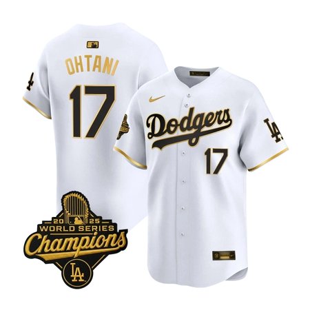 Men's Los Angeles Dodgers #17 Shohei Ohtani Nike White Golden 2025 World Series Champions Home Limited Jersey