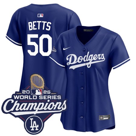 Women's Los Angeles Dodgers #50 Mookie Betts Royal 2025 World Series Champions Home Replica Jersey