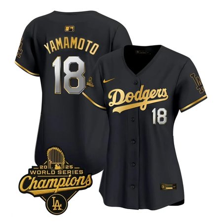 Women's Los Angeles Dodgers #18 Yoshinobu Yamamoto Nike Black Golden 2025 World Series Champions Home Limited Jersey