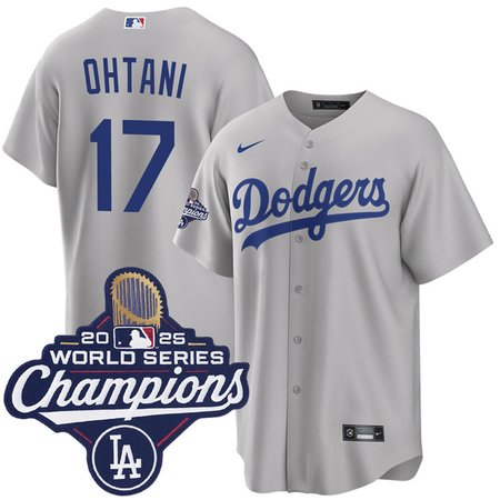 Men's Los Angeles Dodgers #17 Shohei Ohtani Nike Gray 2025 World Series Champions Home Replica Jersey