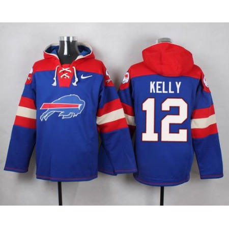 Bills #12 Jim Kelly Royal Blue Player Pullover NFL Hoodie