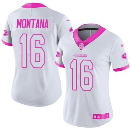 49ers #16 Joe Montana White/Pink Women's Stitched NFL Limited Rush Fashion Jersey