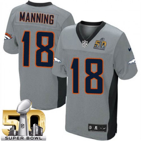 Broncos #18 Peyton Manning Grey Shadow Super Bowl 50 Youth Stitched NFL Elite Jersey