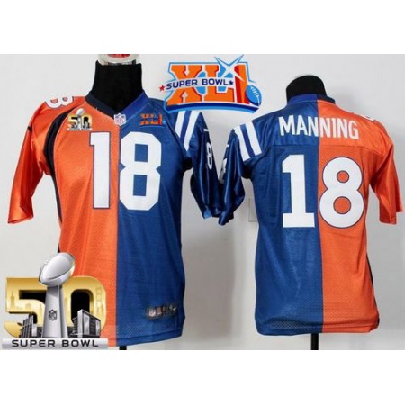 Broncos #18 Peyton Manning Orange/Blue Super Bowl XLI & Super Bowl 50 Youth Stitched NFL Elite Split Colts Jersey