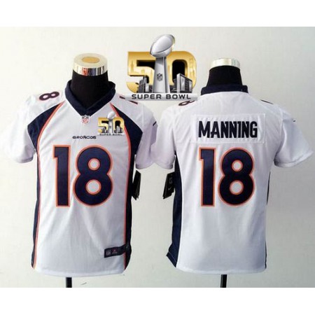 Broncos #18 Peyton Manning White Super Bowl 50 Youth Stitched NFL Elite Jersey