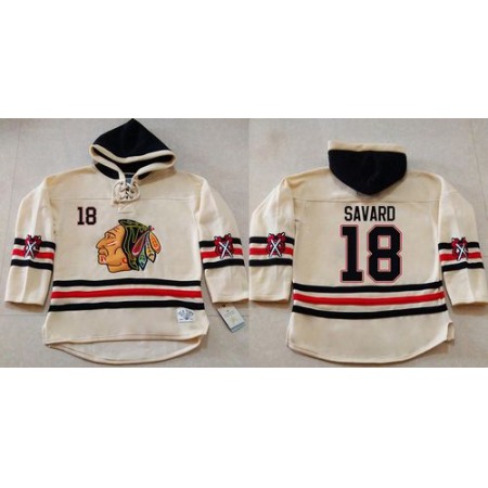 Blackhawks #18 Denis Savard Cream Heavyweight Pullover Hoodie Stitched NHL Jersey