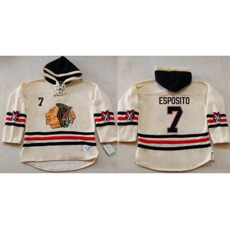 Blackhawks #7 Tony Esposito Cream Heavyweight Pullover Hoodie Stitched NHL Jersey